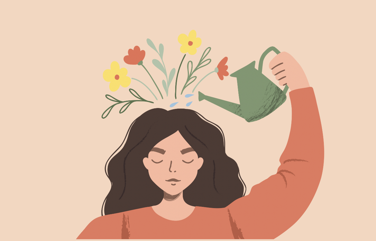 Women pouring a watering can over her head and has flowers growing out of her head demonstrating the positive effect of exposure and response prevention therapy that breaks the cycle of ocd and other phobias